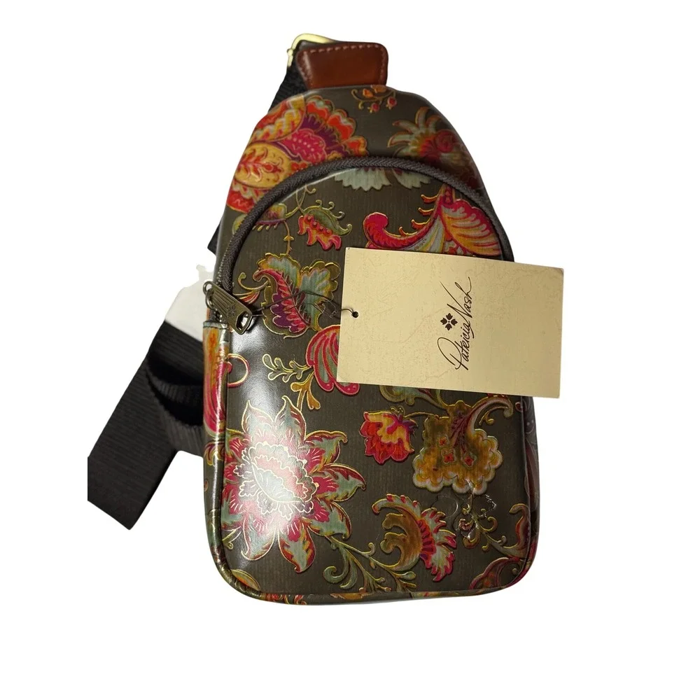 Patricia Nash Annalie Sling Backpack French Hydrangeas Floral Leather Green
